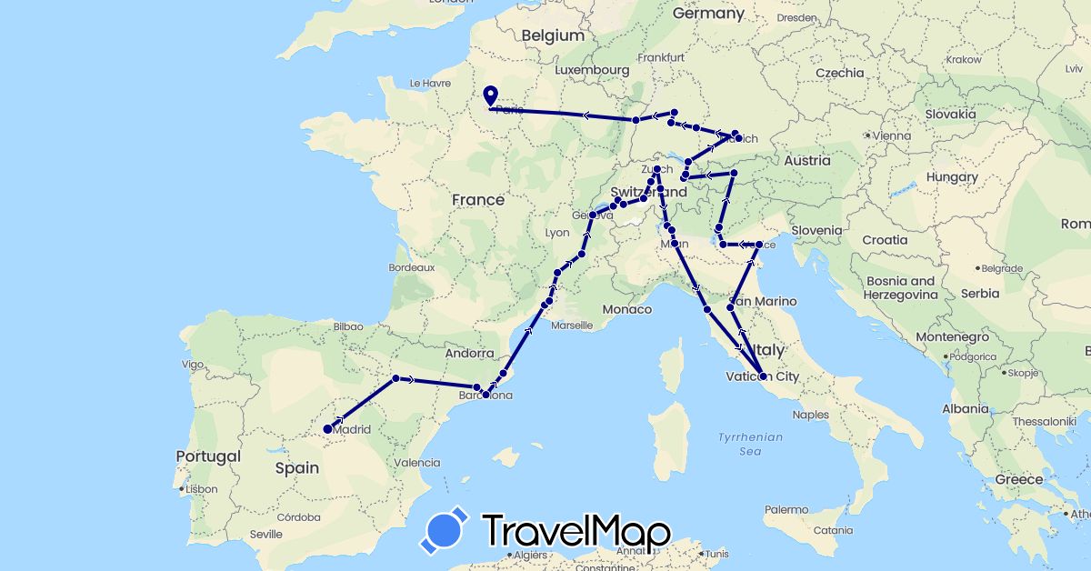 TravelMap itinerary: driving in Austria, Switzerland, Germany, Spain, France, Italy, Liechtenstein (Europe)
